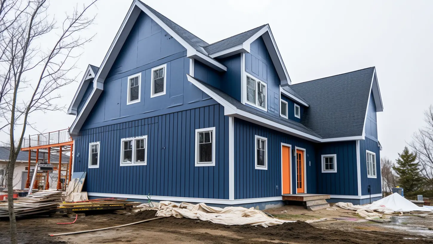Board and batten wood siding construction blue