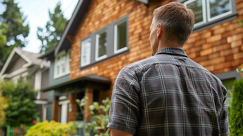 A man standing in front of a house with james hardie cedar shake siding