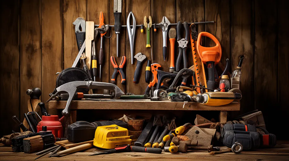 Various tools needed for a siding job along a wall