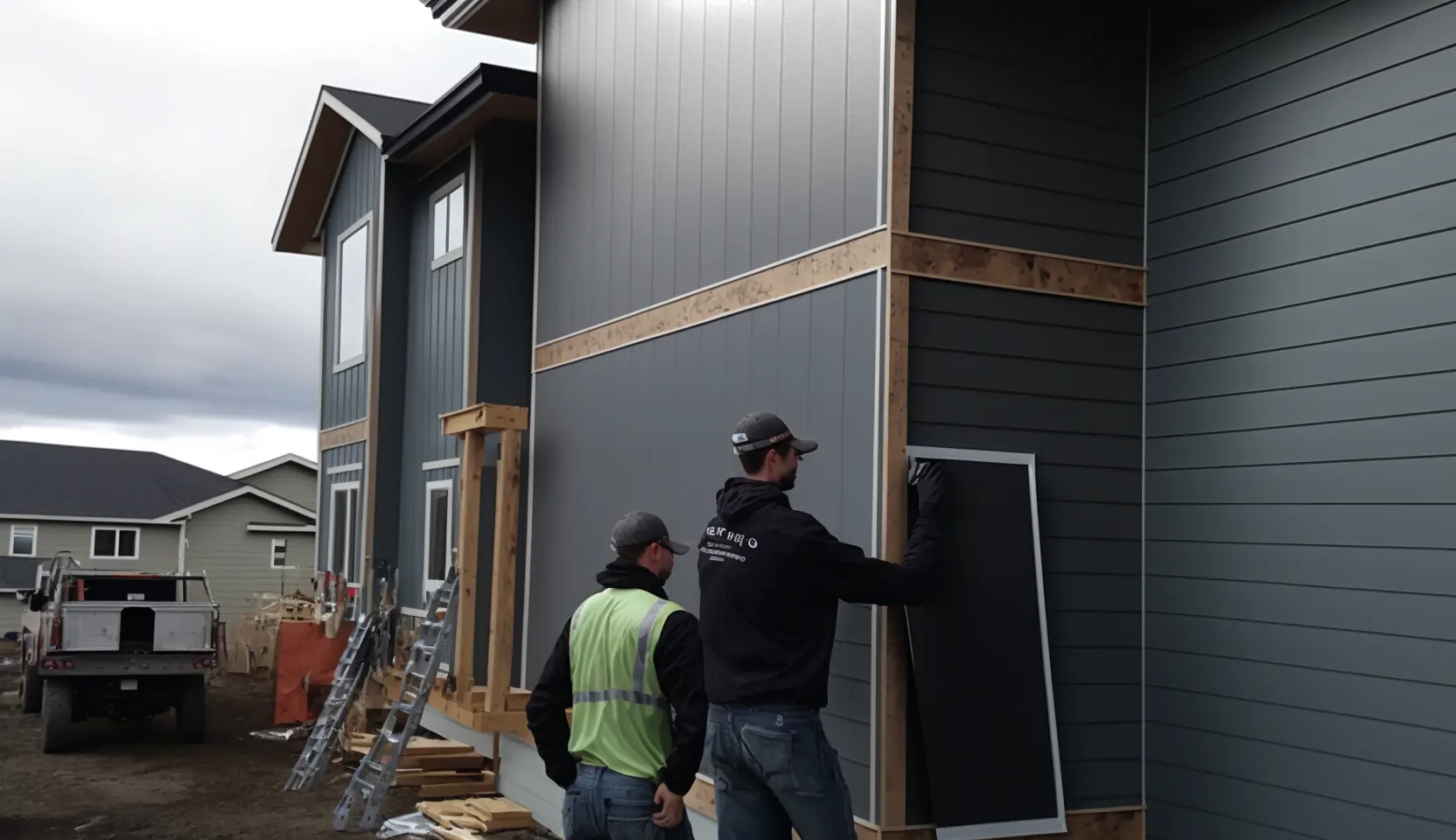 Two men installing fiber cement siding