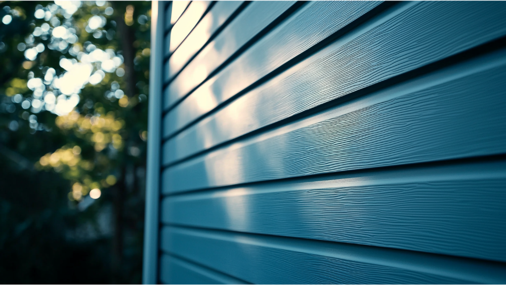 An up close look at blue vinyl siding on a house