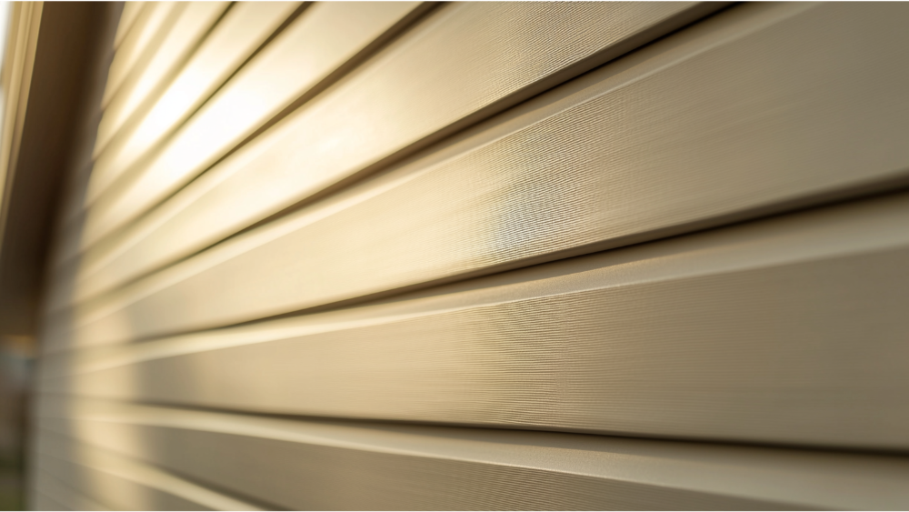 An up close image of a house with vinyl siding