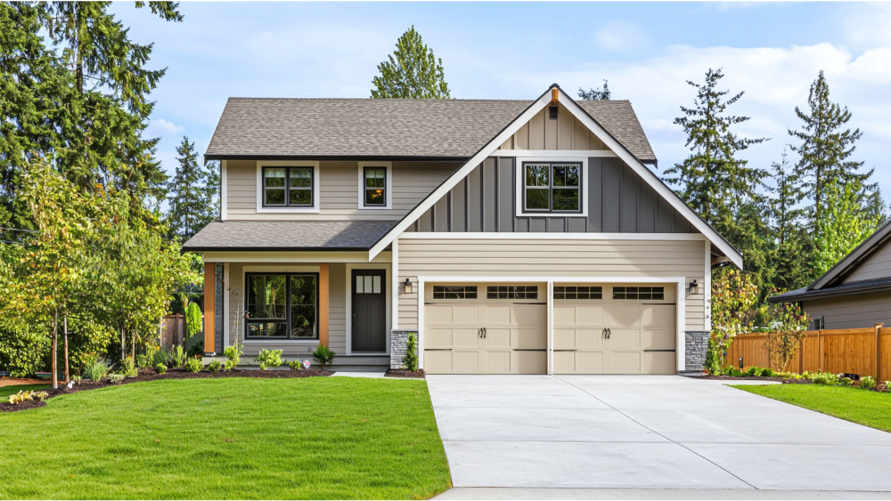 Contemporary two-story home with light and dark two-tone horizontal and vertical siding, a double garage, and a clean concrete driveway.