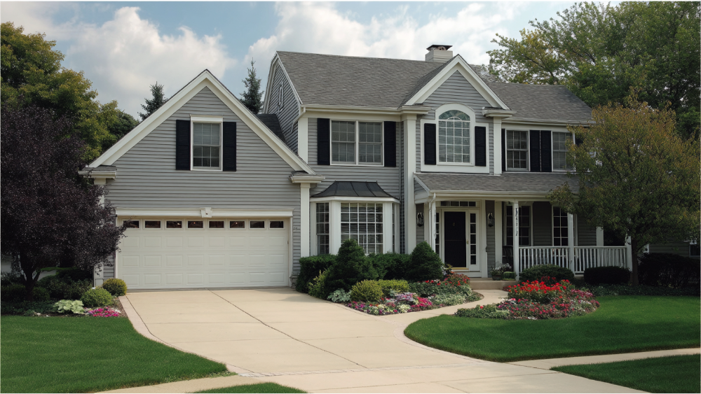 Two-story suburban home with gray siding, white garage door, and black shutters, featuring a curved driveway and manicured front yard.