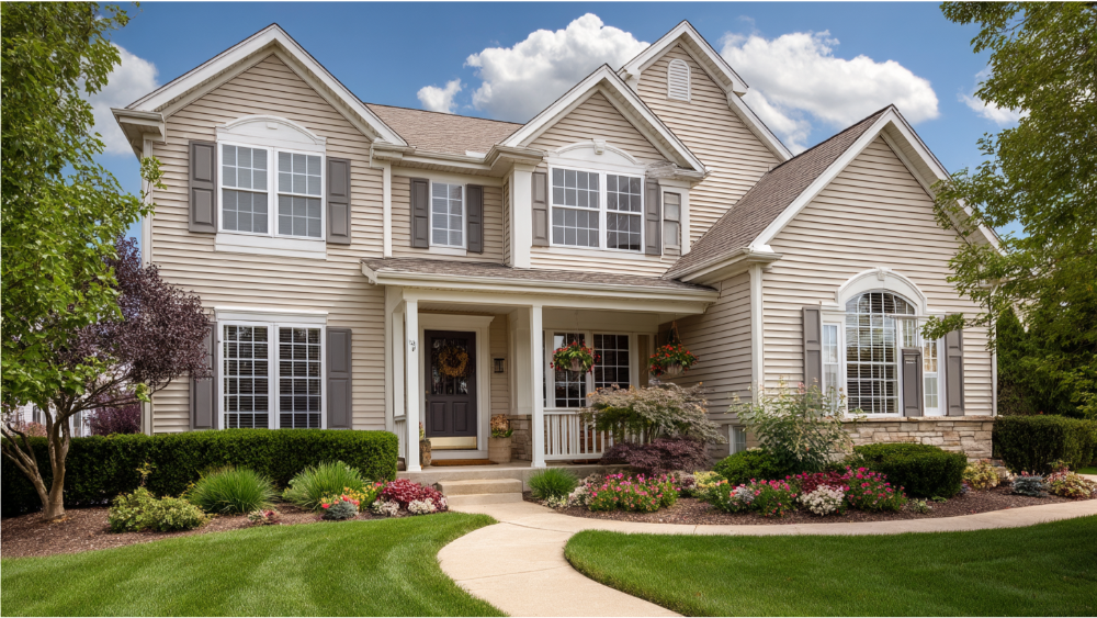 Two-story suburban home with beige vinyl siding, white trim, gray shutters, and a covered front porch surrounded by colorful landscaping. Two-story suburban home with beige vinyl siding, white trim, gray shutters, and a covered front porch surrounded by colorful landscaping.
