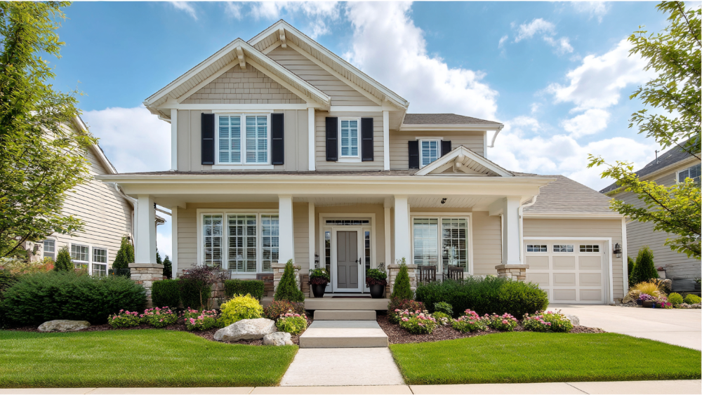 Two-story home with light beige siding, white columns, black shutters, and a front porch, set against a bright blue sky with landscaping and flower beds.