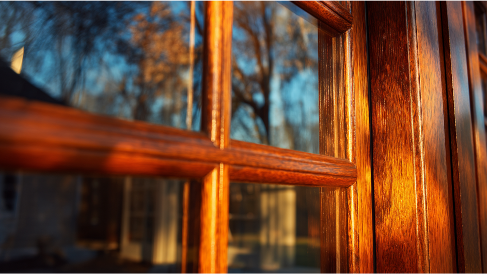 Detailed close-up of a rich stained wood window frame with divided lites, catching the warm glow of late afternoon sunlight.