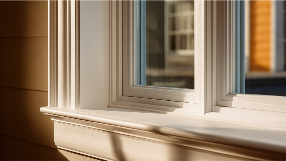 Interior close-up of a white vinyl window frame with clean trim and soft sunlight streaming through the glass, casting shadows across the windowsill.