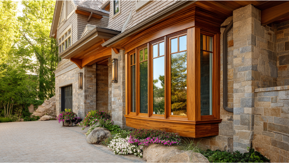 Expansive natural wood bay window on a luxury stone home, featuring tall vertical panes and warm golden hour lighting reflecting off the glass.