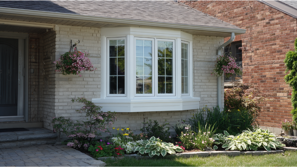 White vinyl bay window on a light brick house exterior with grid panes, surrounded by a tidy stone walkway and neatly arranged landscaping.