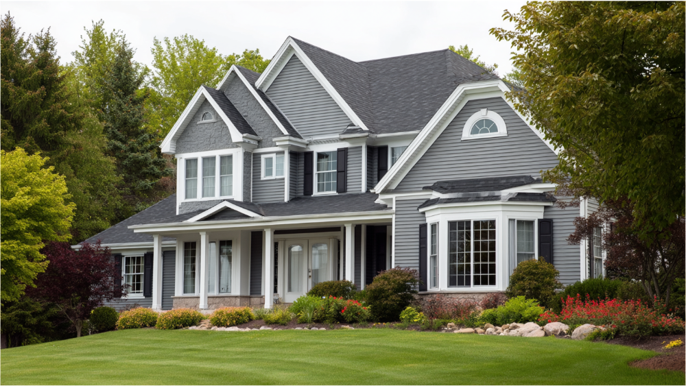 Elegant two-story house with gray vinyl siding, white trim, black shutters, and a large front lawn framed by trees and landscaping.