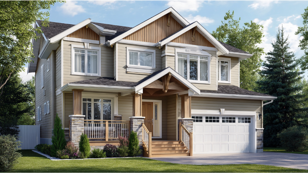 Two-story beige craftsman-style house with stone columns, gray shingle roof, and white garage door, surrounded by neatly maintained shrubs and trees.