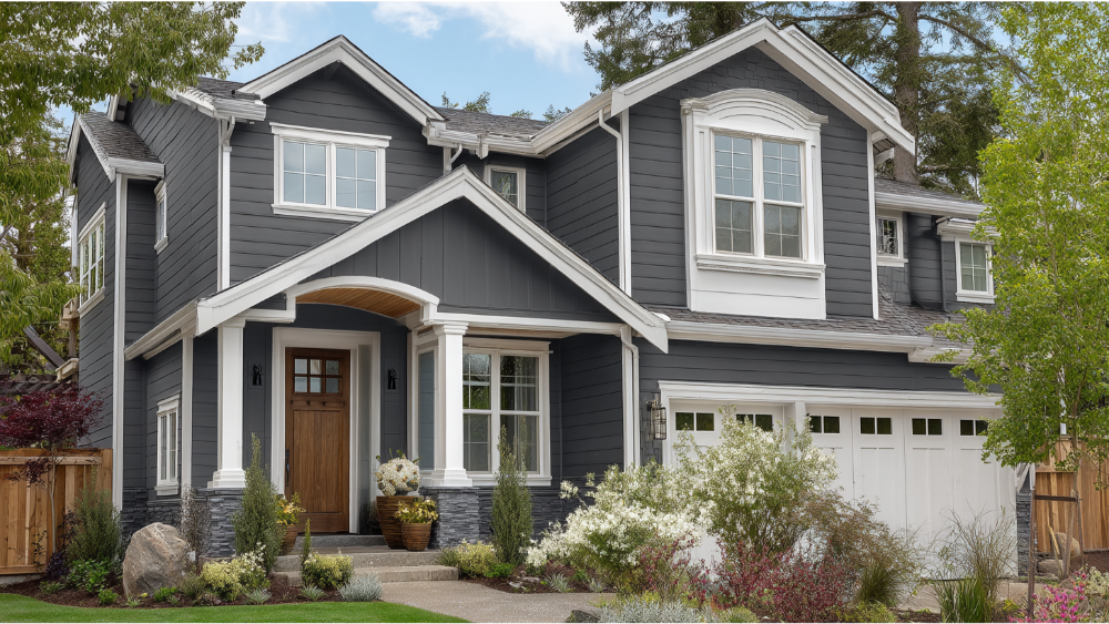 Modern two-story home with dark gray siding, white trim, and a medium-gray shingle roof, surrounded by fresh greenery and flowers.