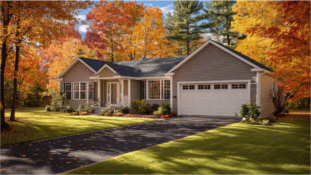 Front-facing view of a beige single-story suburban house with gray shingles and a white garage door, framed by colorful fall foliage and a clean blacktop driveway.
