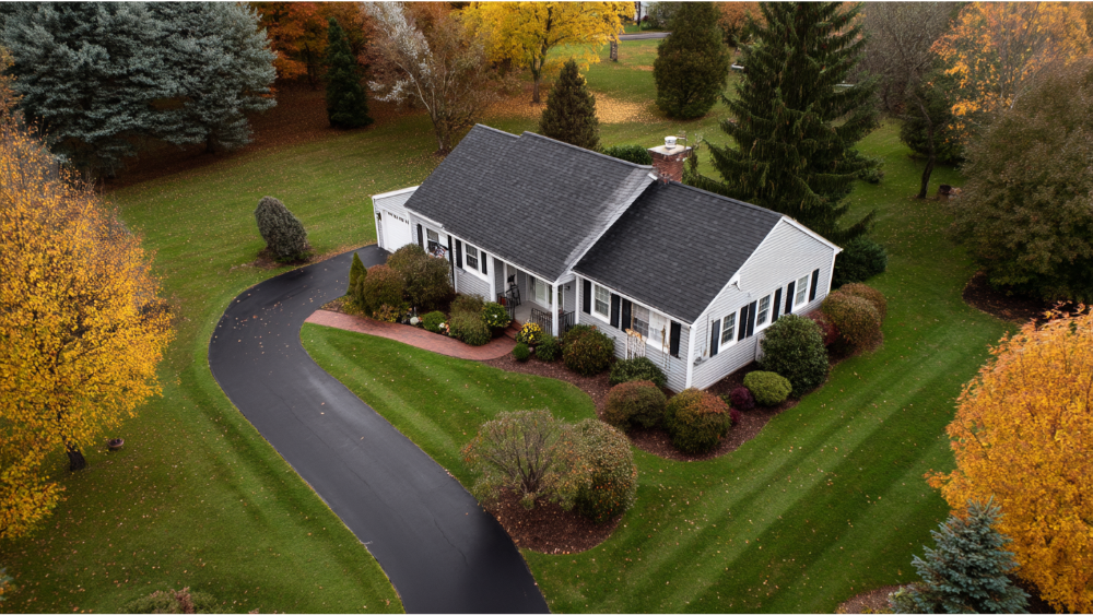 Aerial view of a single-story white ranch-style home with a black shingle roof, curved driveway, and manicured landscaping surrounded by autumn trees.