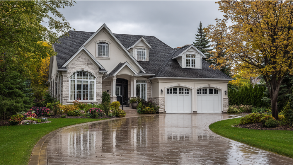 Elegant two-story house with light stone and beige vinyl siding, dark gray shingle roof, and a wet curved driveway reflecting the overcast sky.