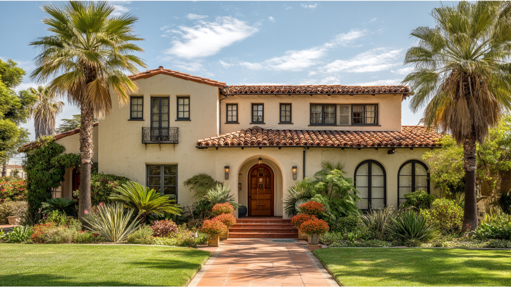 Mediterranean-style home with stucco walls, red clay tile roof, and lush landscaping