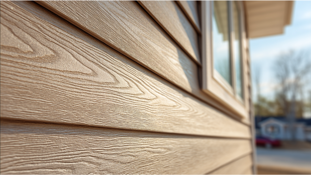 Close-up of beige vinyl siding with realistic wood grain texture in soft sunlight