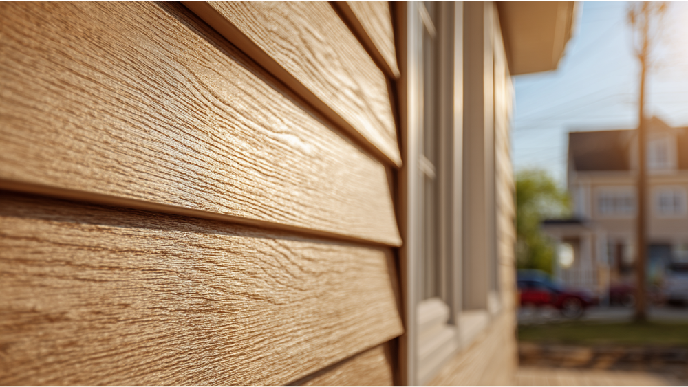 Close-up of beige vinyl siding showing realistic wood grain texture