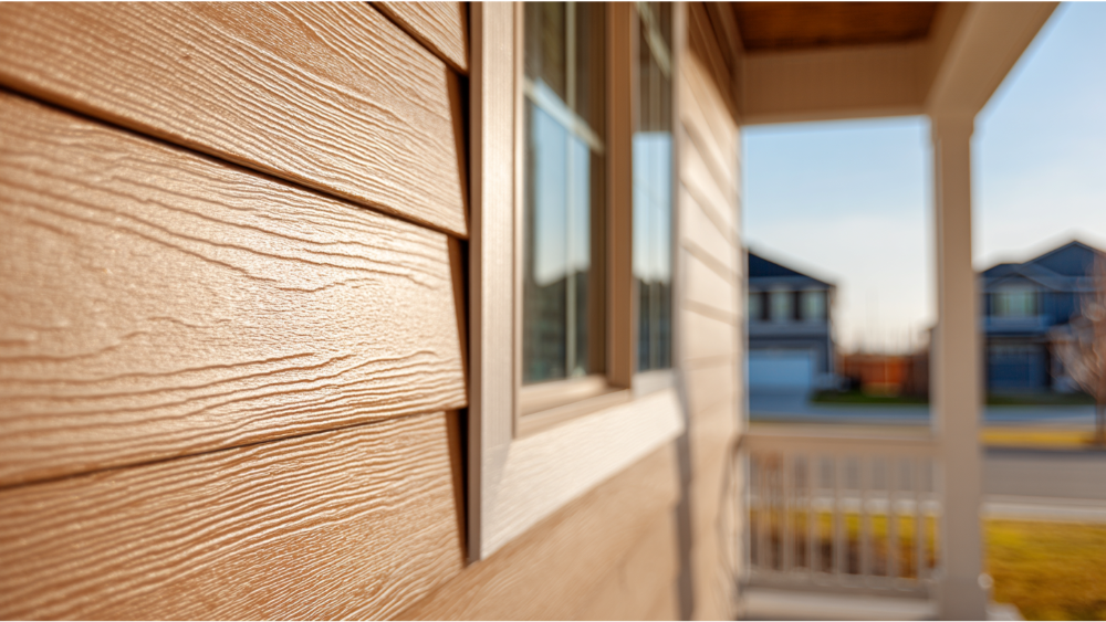 Close-up of beige vinyl siding with realistic wood grain pattern in warm sunlight