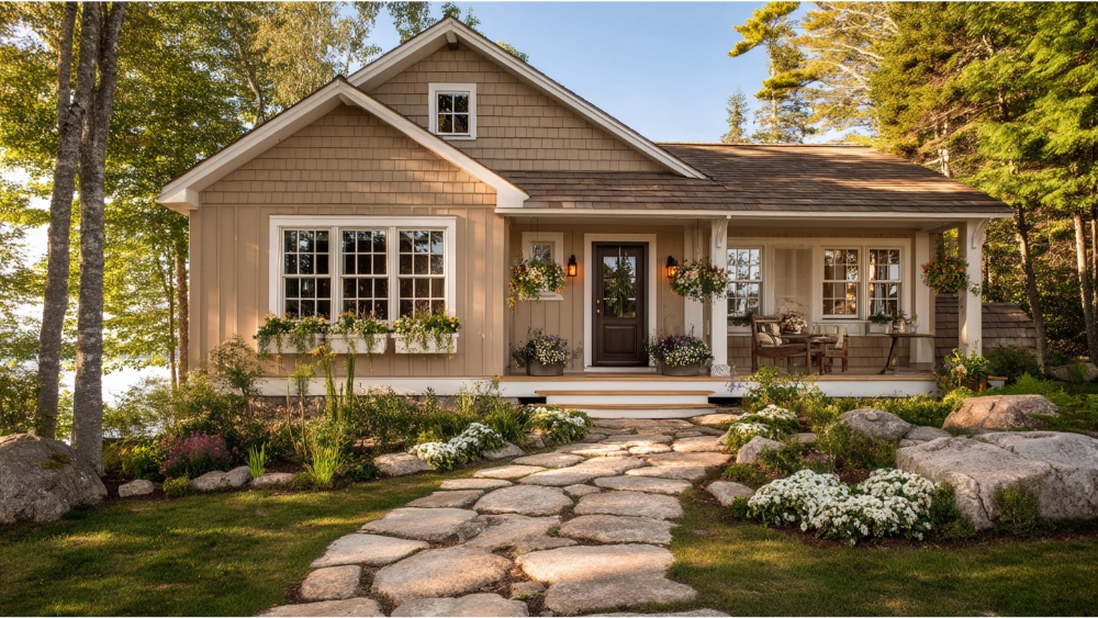 Cozy cottage-style house with tan lap siding, flower boxes, and a stone walkway