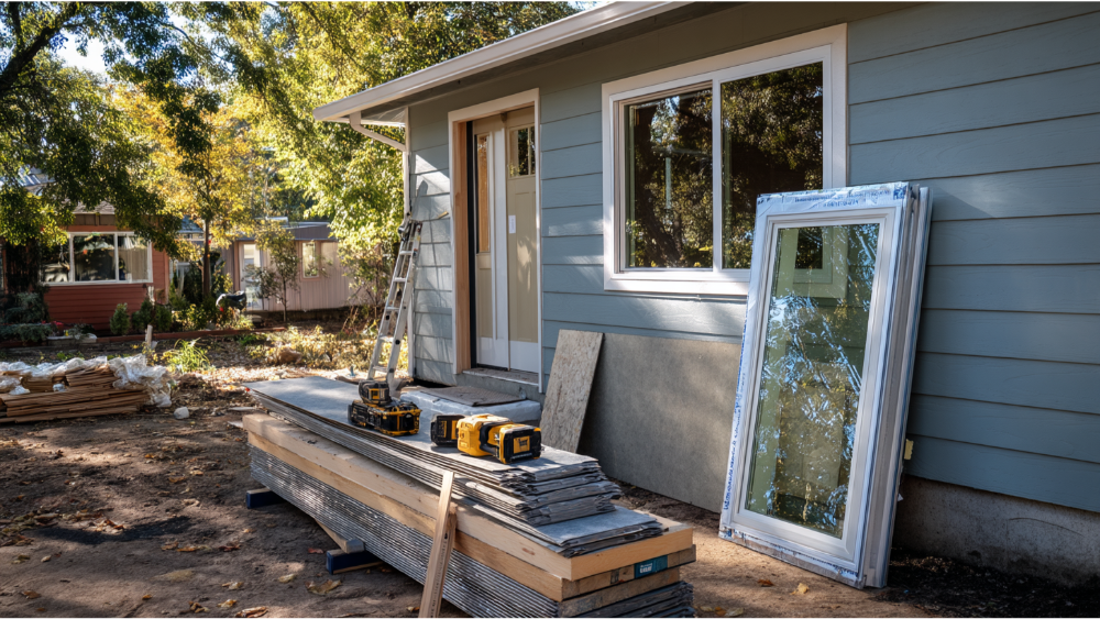 Modern home exterior with construction materials and a newly framed window ready for installation.