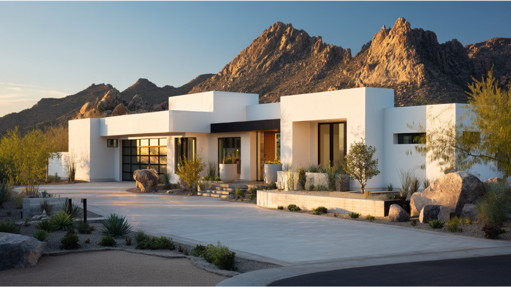 Modern southwestern house with white stucco exterior set against a desert mountain backdrop