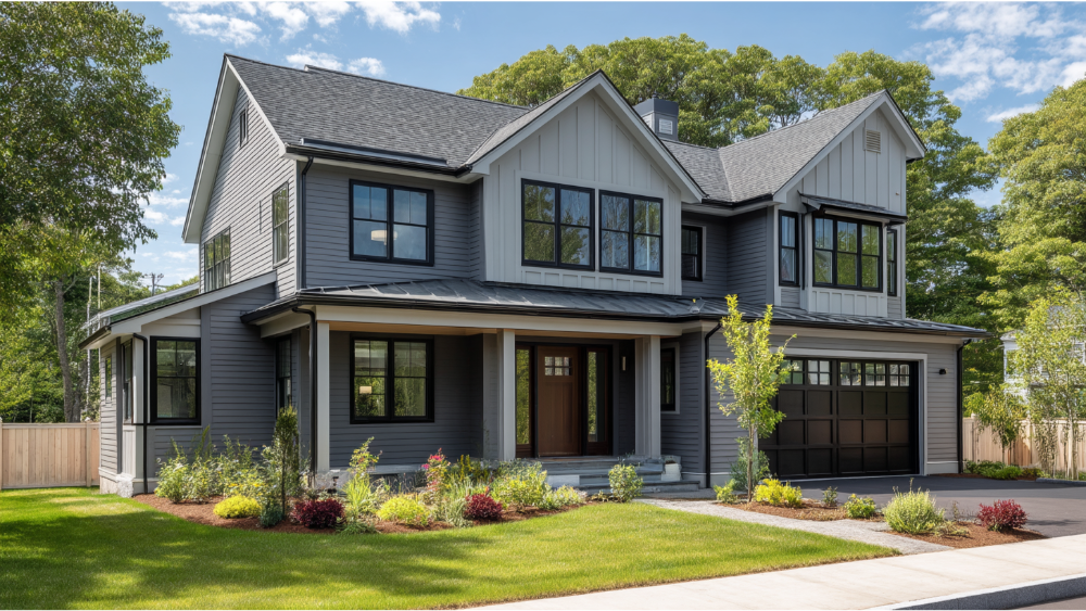 Contemporary gray vinyl house with black trim and a spacious driveway