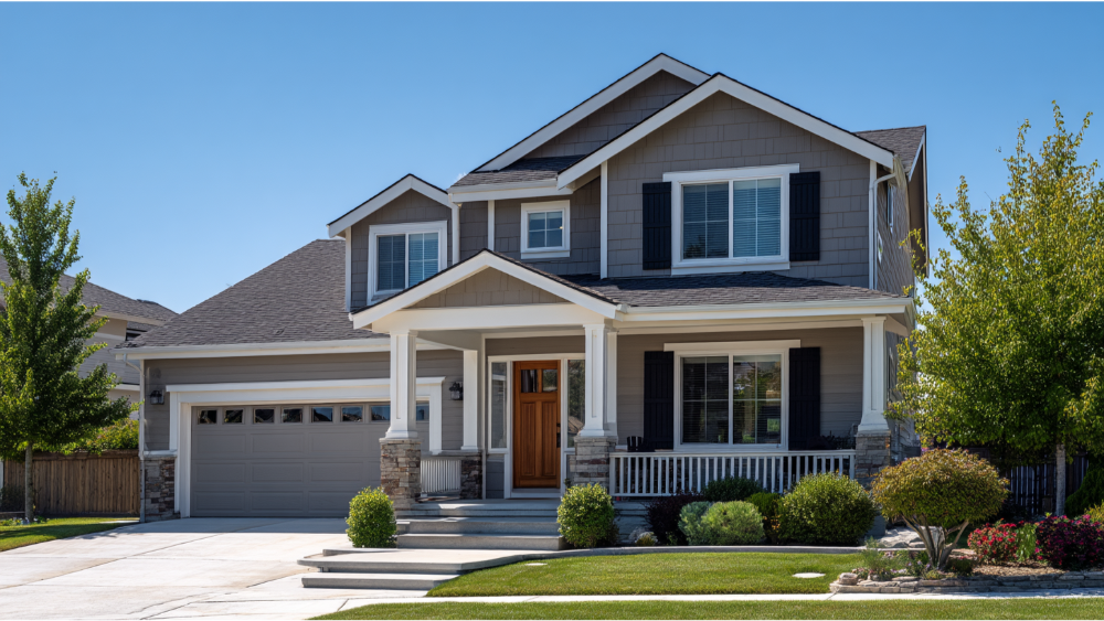 Modern two-story suburban house with tan vinyl siding and dark shutters