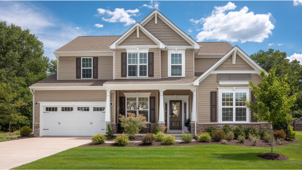Suburban house with beige grainy texture vinyl siding and classic front porch