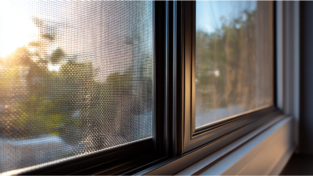 Close-up of a black-framed window with a fine mesh screen and sunlight shining through