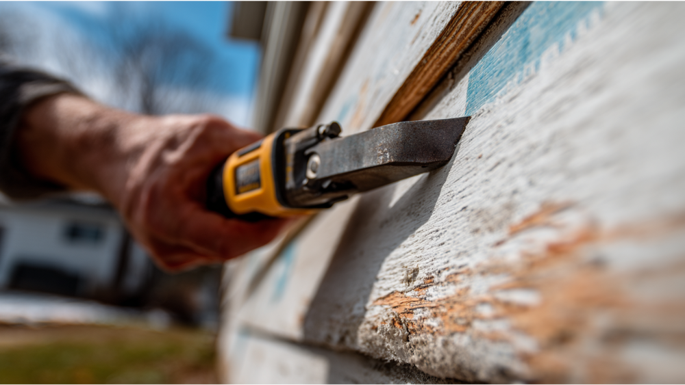 Close-up of a power tool removing damaged siding from a weathered house exterior.