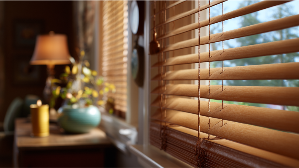 Close-up of faux wood blinds with sunlight filtering through