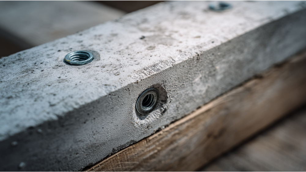 Close-up of a fiber cement board with metal anchor inserts mounted on a wood deck frame.