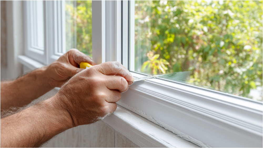 Close-up of a person applying caulk to seal a new window installation.