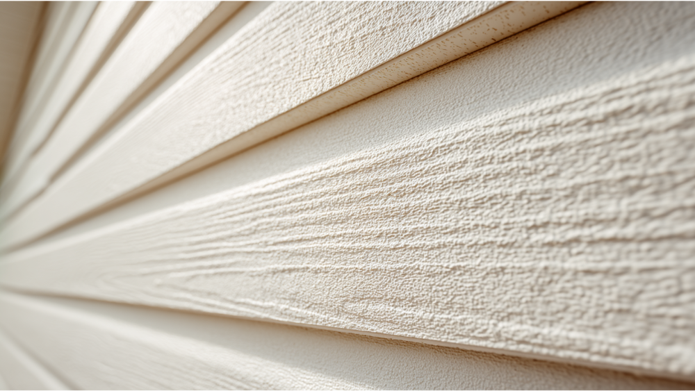 Close-up view of textured beige vinyl siding on the exterior wall of a residential home.