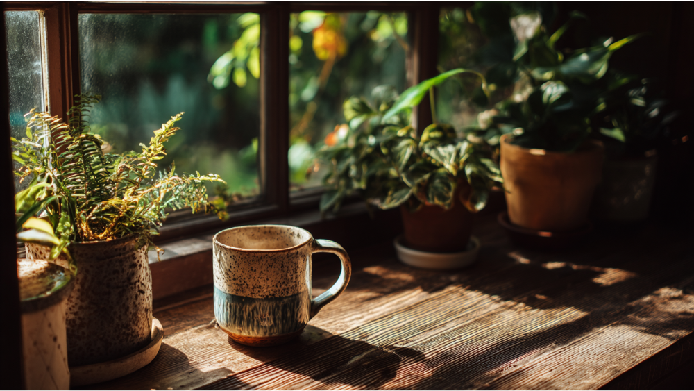 Cozy wooden window sill with potted plants and a ceramic coffee mug
