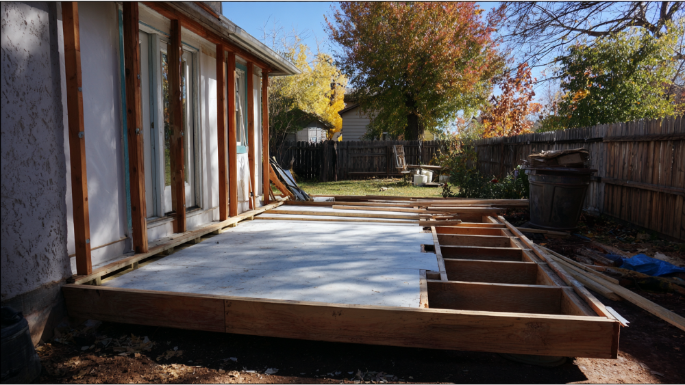 Residential backyard deck in the early stages of construction with exposed framing and partial subfloor.
