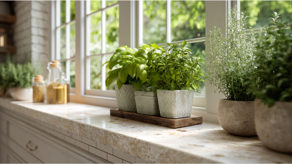 Kitchen window sill with herb plants in pots and a garden view