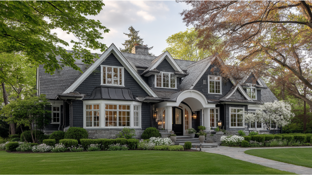 Elegant dark gray home with arched entryway, large windows, and lush landscaping