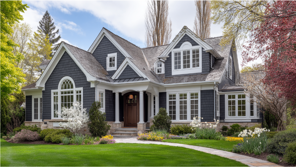 Elegant dark gray home with white trim, arched entry, and lush front landscaping