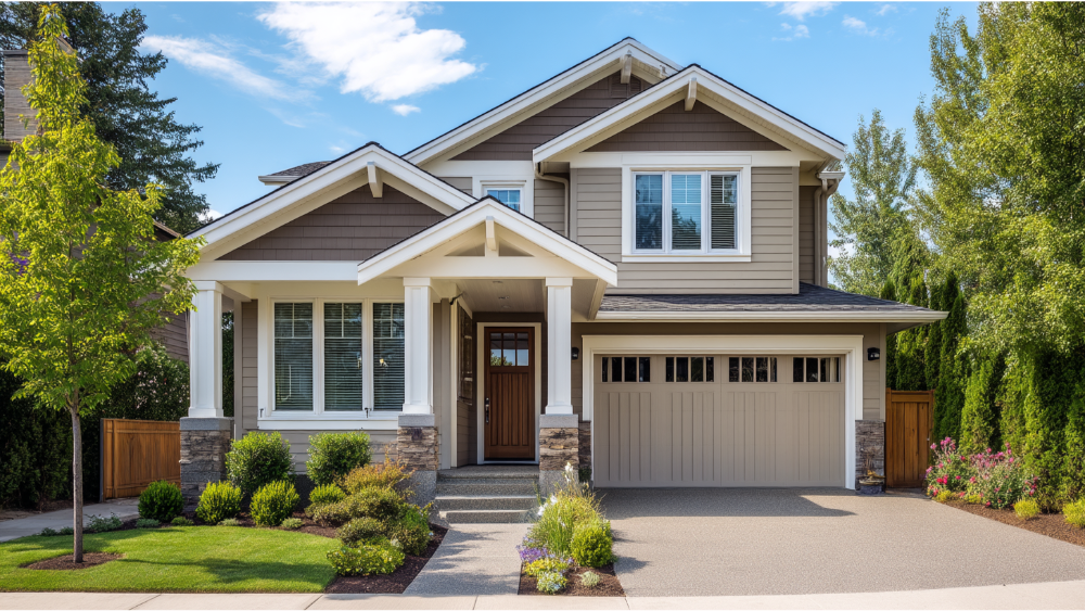 Modern suburban two-story home with taupe siding, white trim, a covered front porch, and a landscaped front yard.
