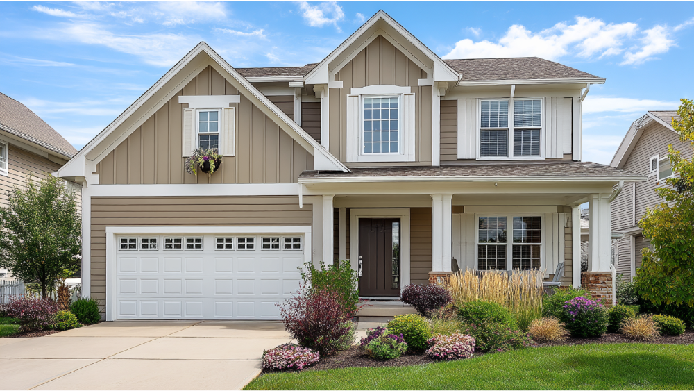Two-story modern suburban house with beige siding, board and batten accents, white trim, and a landscaped front yard.