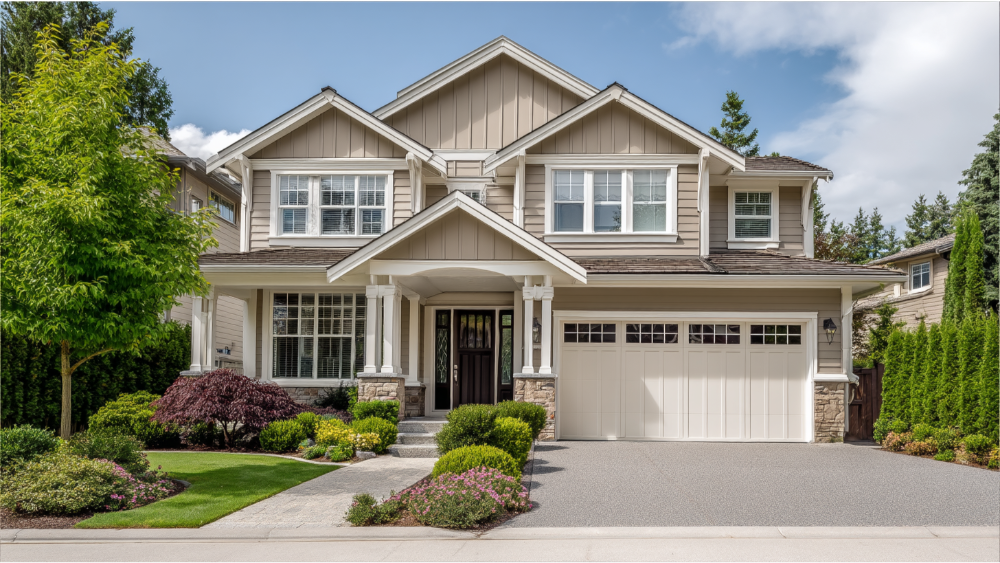 Contemporary suburban house featuring gray siding, white accents, stone pillars, and a double garage.