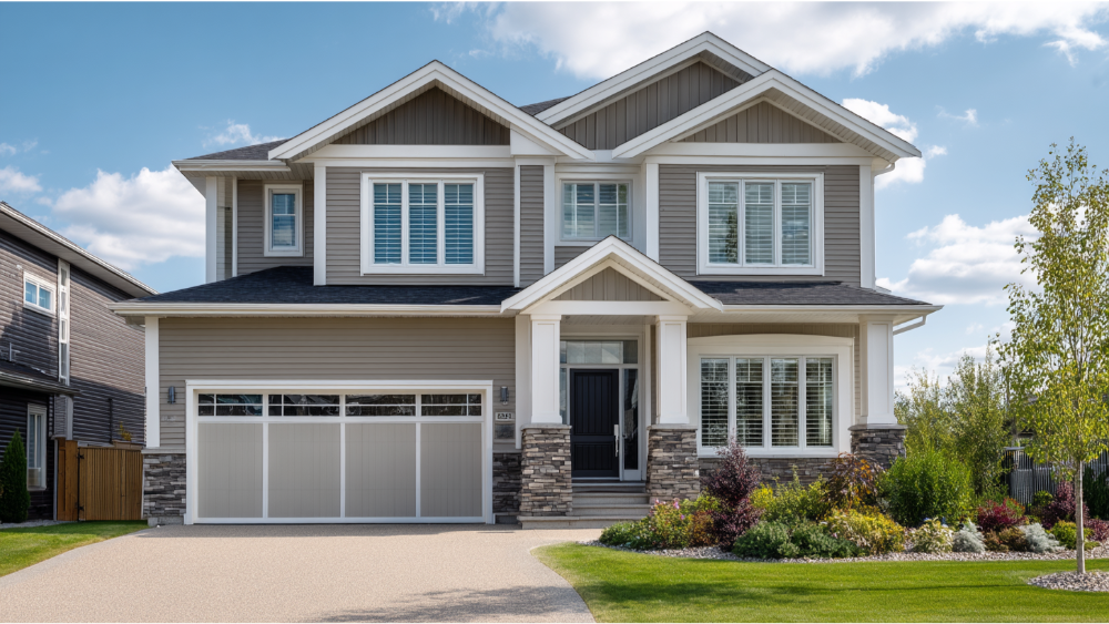 Contemporary suburban house featuring gray siding, white accents, stone pillars, and a double garage.