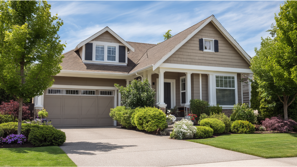 Single-story suburban home with taupe siding, white trim, manicured landscaping, and a two-car garage.