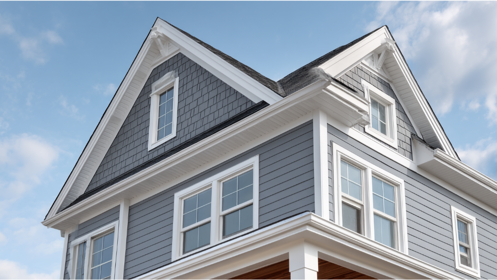 Upward view of a completed home with gray hardie board siding, white trim, and gable shingles under a clear sky.
