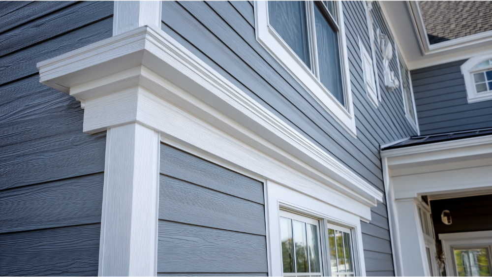 Close-up view of blue-gray hardie board siding with white trim detailing around windows and decorative molding.