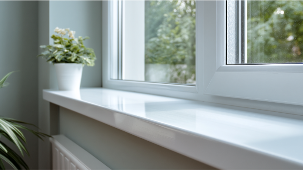 White glossy window sill with a potted plant and open window