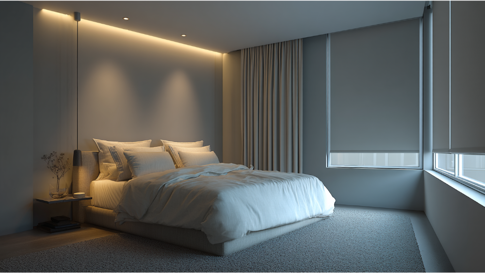 Cozy bedroom with roller blinds and a warm, modern design